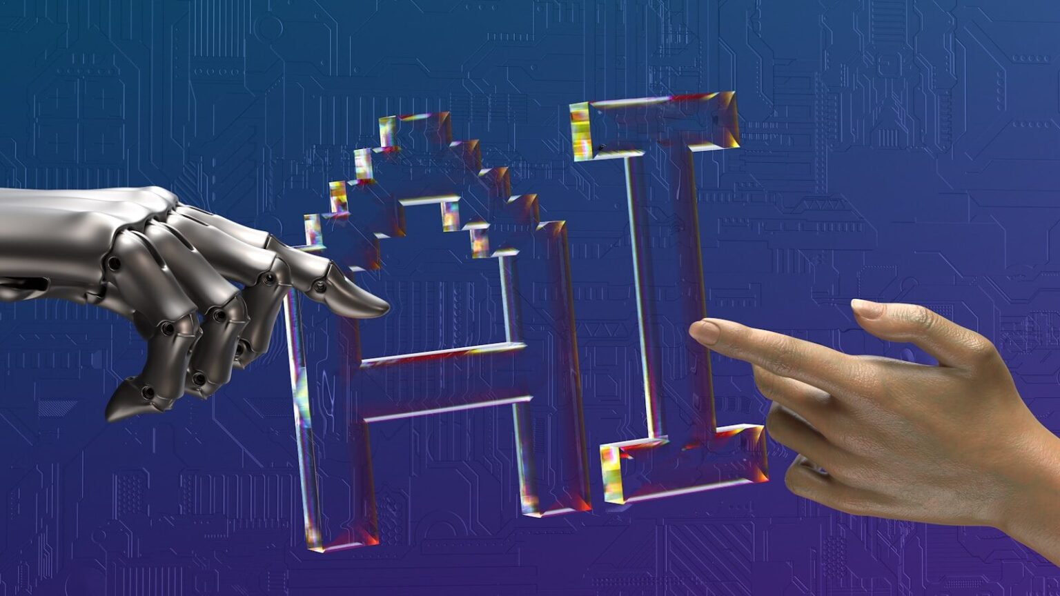 Sztuczna inteligencja w codziennym życiu – gdzie korzystamy z niej, nawet o tym nie wiedząc robot and human hands reaching toward ai text
